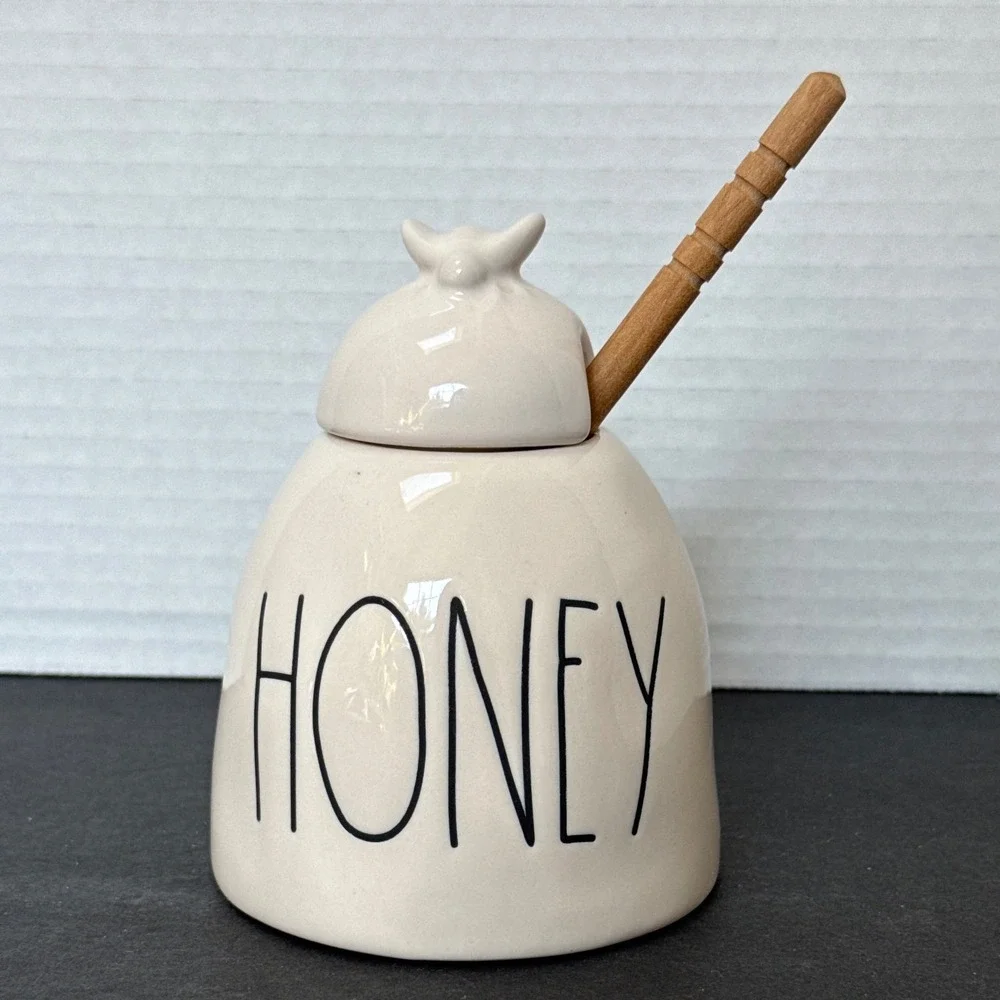 Rae Dunn Honey Pot Ceramic Jar with Lid and Wooden Dipper Bee Finial White